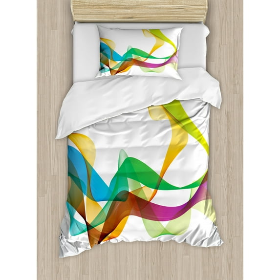 Abstract Duvet Cover Set Twin Size, Artistic Styled Wavy Ribbon Line and Smoked Rainbow like Cool Graphic Artwork, Decorative 2 Piece Bedding Set with 1 Pillow Sham, Multicolor, by Ambesonne