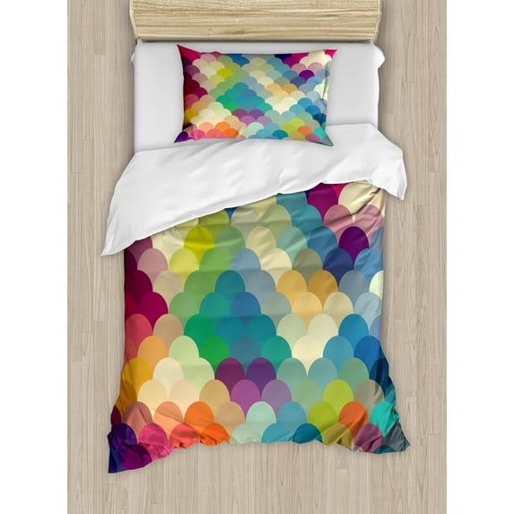 Abstract Duvet Cover Set Twin Size, Colorful Retro Style Scales Inspired Wave Pattern Overlapping Circles Dots Tile, Decorative 2 Piece Bedding Set with 1 Pillow Sham, Multicolor, by Ambesonne