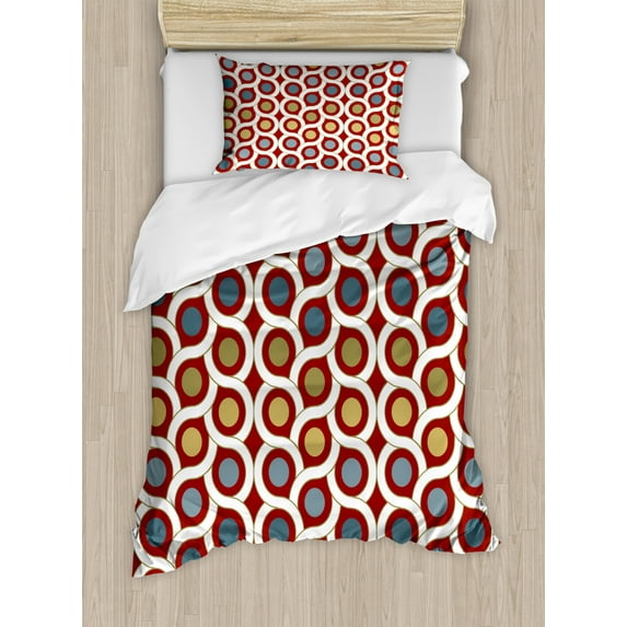 Abstract Duvet Cover Set Twin Size, Dots Circles Entangled Lines Curvy Wavy Retro Style Mixed Grid Like Composition, Decorative 2 Piece Bedding Set with 1 Pillow Sham, Multicolor, by Ambesonne