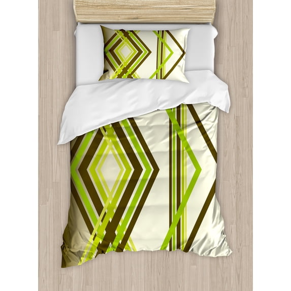 Abstract Duvet Cover Set Twin Size, Geometric Trippy Diamond Shape Bands in Different Shade Illustration, Decorative 2 Piece Bedding Set with 1 Pillow Sham, Army Fern and Lime Green, by Ambesonne