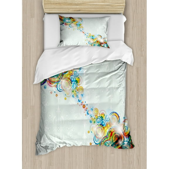 Abstract Duvet Cover Set Twin Size, Modern Design Rainbow Like Waves and Circles Patterned in Disco Themed Artwork, Decorative 2 Piece Bedding Set with 1 Pillow Sham, Multicolor, by Ambesonne