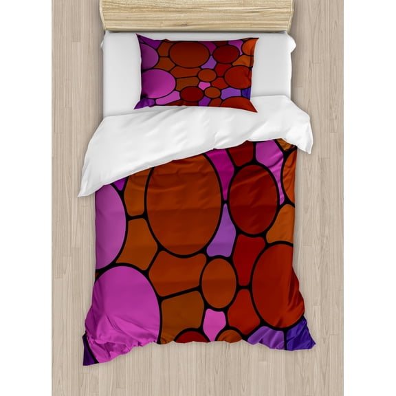 Abstract Duvet Cover Set Twin Size, Modern Round Blots in Different Sizes and Shapes Funky Retro Colors Art, Decorative 2 Piece Bedding Set with 1 Pillow Sham, Rust Fuchsia Quartz, by Ambesonne