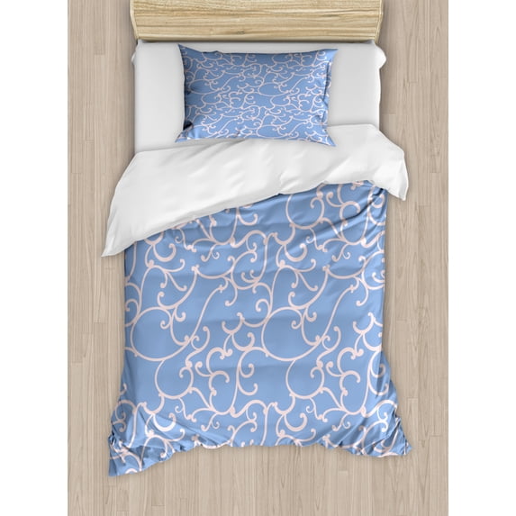 Abstract Duvet Cover Set Twin Size, Monotone Curvy Branches Rhythmic Delicate Spring Theme Illustration, Decorative 2 Piece Bedding Set with 1 Pillow Sham, Lavender Blue and Rose, by Ambesonne