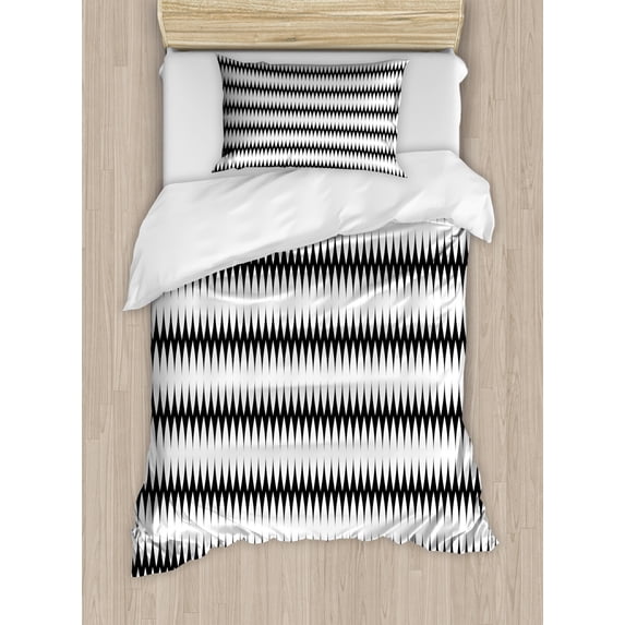Abstract Duvet Cover Set Twin Size, Monotone Elliptic Shapes from Stripes Symmetrical Design Geometrical Art, Decorative 2 Piece Bedding Set with 1 Pillow Sham, Charcoal Grey White, by Ambesonne