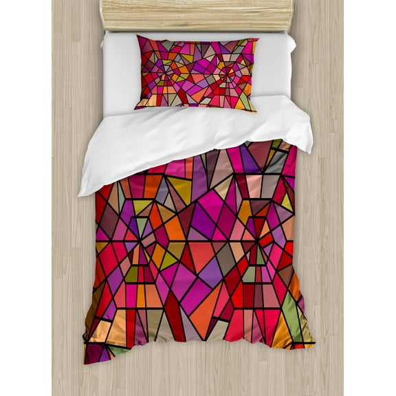 Abstract Duvet Cover Set Twin Size, Mosaic Style Stained Glass Fractal Colorful Geometric Triangle Forms Artful Image, Decorative 2 Piece Bedding Set with 1 Pillow Sham, Multicolor, by Ambesonne