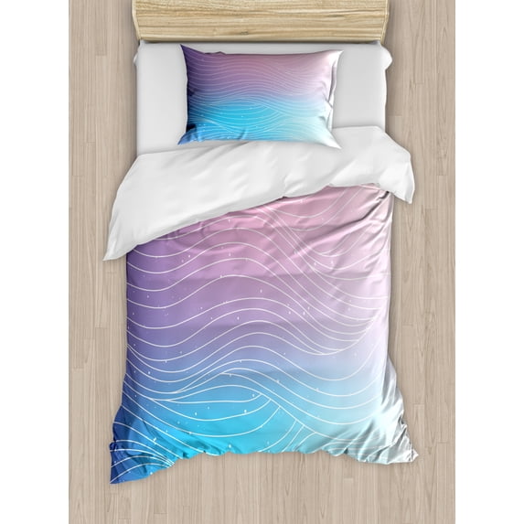 Abstract Duvet Cover Set Twin Size, Nebula Sky Inspired Ombre Effect Pattern with Waves and Spots, Decorative 2 Piece Bedding Set with 1 Pillow Sham, Pale Blue Pale Pink Violet, by Ambesonne