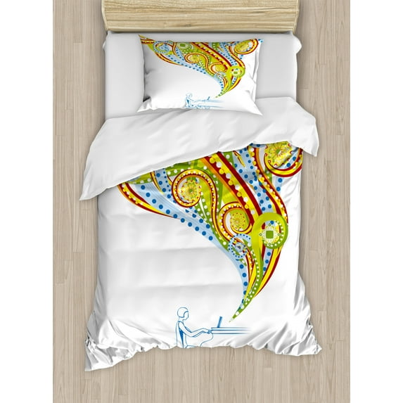 Abstract Duvet Cover Set Twin Size, Pianist Performing Swirls Colorful Music Coming out of Piano Instrument Hand Drawn, Decorative 2 Piece Bedding Set with 1 Pillow Sham, Multicolor, by Ambesonne