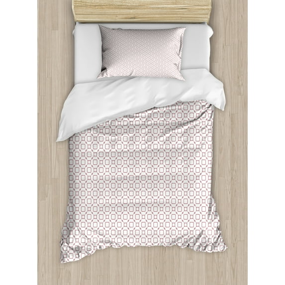 Abstract Duvet Cover Set Twin Size, Simplistic Concept of Monochrome Geometric Shapes Round Squares Pattern, Decorative 2 Piece Bedding Set with 1 Pillow Sham, Pale Ruby and White, by Ambesonne