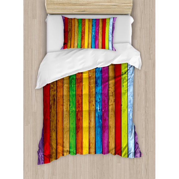Abstract Duvet Cover Set Twin Size, Vibrant Painted Wood Vertical Planks as Background Cheerful Artistic Rainbow Image, Decorative 2 Piece Bedding Set with 1 Pillow Sham, Multicolor, by Ambesonne