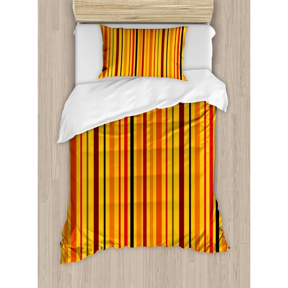 Abstract Duvet Cover Set, Vertical Colorful Straight Lines Geometric Vibrant Stripes Design, Decorative 2 Piece Bedding Set with 1 Pillow Shams, Twin Size, Orange Marigold Burgundy, by Ambesonne