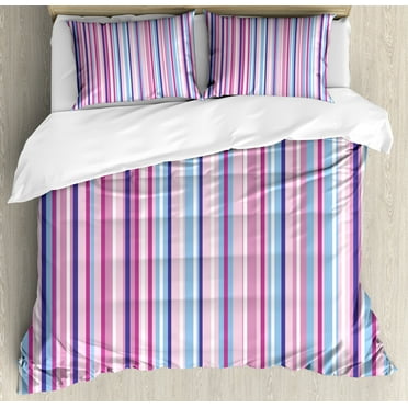 Abstract Duvet Cover Set, Vertical Striped Gradient Different Colored Lines Tile Bands Image, Decorative 3 Piece Bedding Set with 2 Pillow Shams, Calking Size, Pale Pink Sky Blue, by Ambesonne