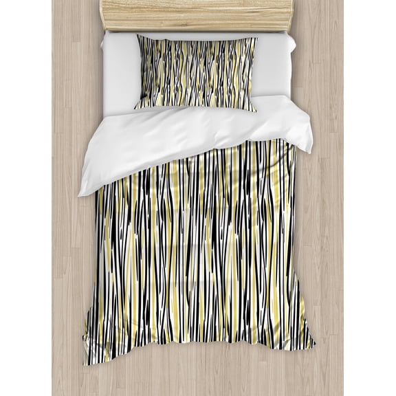 Abstract Duvet Cover Set, Vertical Stripes Nature Theme Brushstroke Stems Look Animal Skin Print, Decorative 2 Piece Bedding Set with 1 Pillow Shams, Twin Size, Khaki Black and White, by Ambesonne