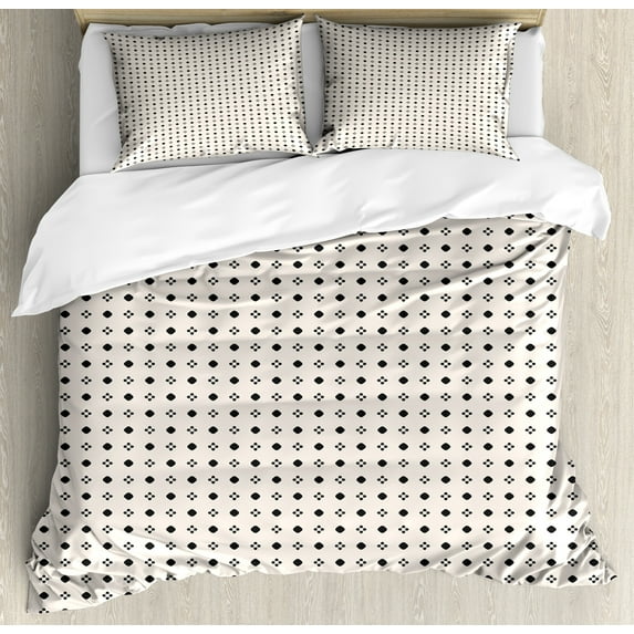 Abstract Duvet Cover Set, Vintage and Simple Geometric Flower Like Round Squares Repetition, Decorative 3 Piece Bedding Set with 2 Pillow Shams, Calking Size, Dark Grey and Pale Eggshell, by Ambesonne