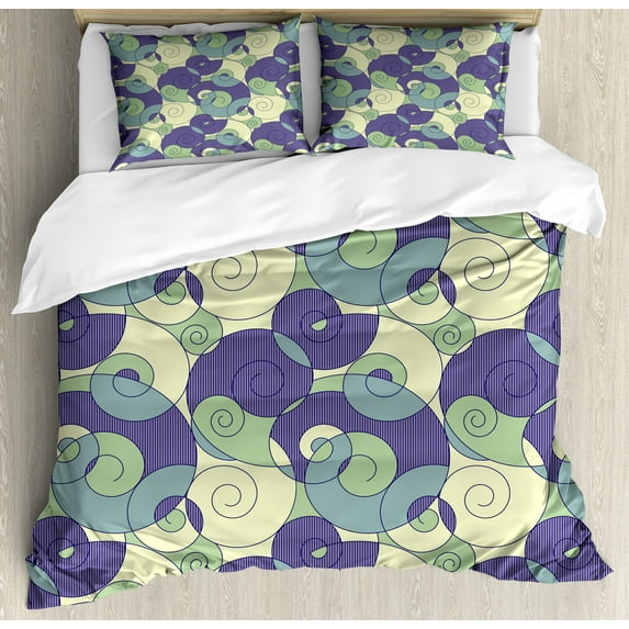 Abstract Duvet Cover Set, Vintage Spirals Intertwined Abstract Geometry Illustration, Decorative 3 Piece Bedding Set with 2 Pillow Shams, King Size, Indigo Green, by Ambesonne