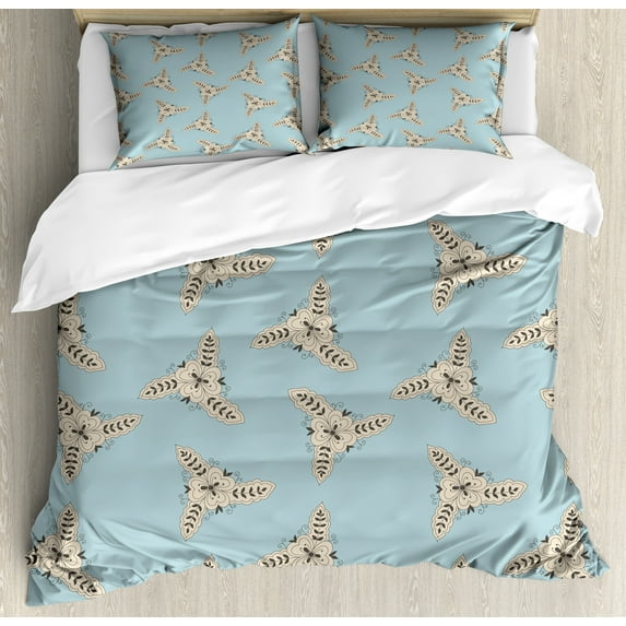 Abstract Duvet Cover Set, Vintage Style Demonstration of Floral Motifs Garden Art Ethnic Elements, Decorative 3 Piece Bedding Set with 2 Pillow Shams, Calking Size, Pale Blue Grey Beige, by Ambesonne