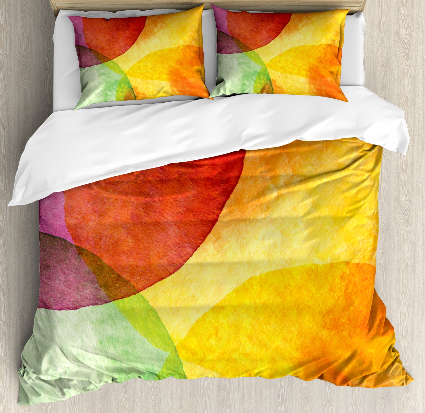 Abstract Watercolor Painted Queen Duvet Cover Set in Yellow, Orange, and Lime Green