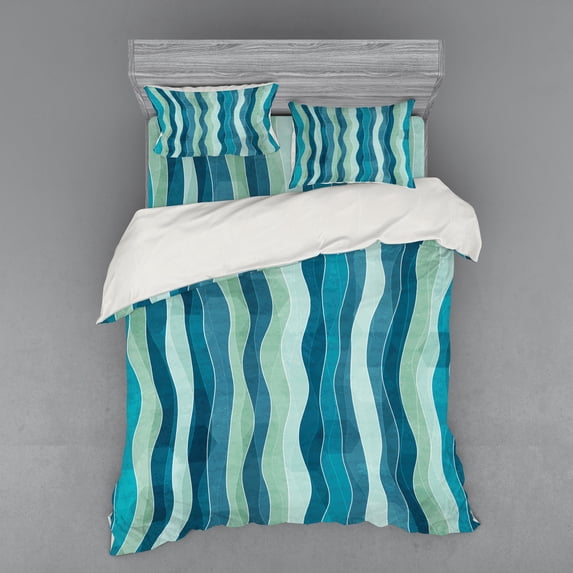 Abstract Duvet Cover Set, Wave Pattern with Grunge Effect Vertical Lines Sea Inspired Design, Bedding Set with Shams and Fitted Sheet, 3 Sizes, by Ambesonne