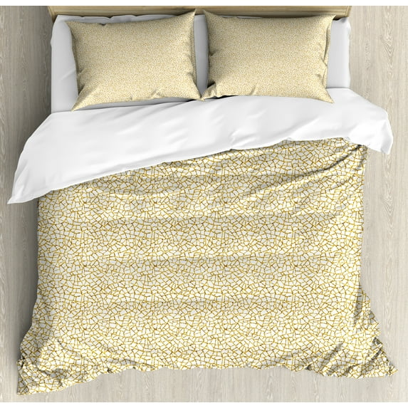 Abstract Duvet Cover Set, Yellow Golden Tone Geometric Pieces Ornamental Broken Cracked Appearance, Decorative 3 Piece Bedding Set with 2 Pillow Shams, Calking Size, Earth Yellow Caramel, by Ambesonne