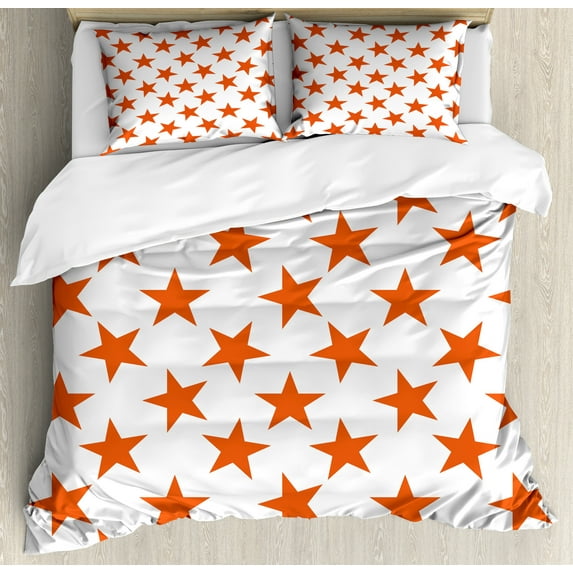 Abstract Duvet Cover Sets, Monochromatic Star Shapes on Plain Background Sky Space Creative Graphic, Bedding Set 2 Duvet Covers & 4 Pillowcases, 2 Pack Cal King Size, Burnt Orange White, by Ambesonne