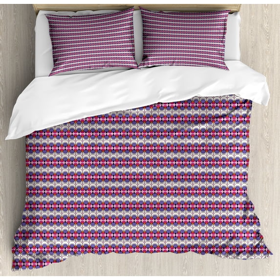 Abstract Duvet Cover Sets, Repetitive Vintage 70's Inspired Circular Motifs, Bedding Set with 2 Duvet Covers & 4 Pillowcases, 2 Pack Cal King Size, Magenta Mauve, by Ambesonne
