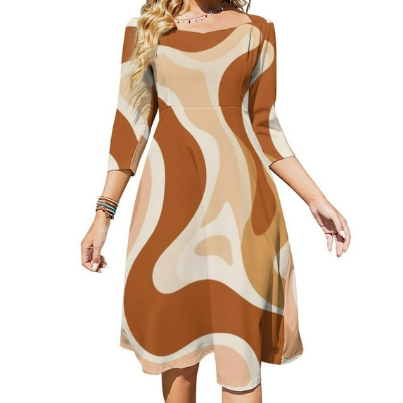 Abstract Earthy Tone Swirls Art Sweetheart Knot Flared Dress Fashion Design Large Size Loose Dress Spring Summer Women Dress