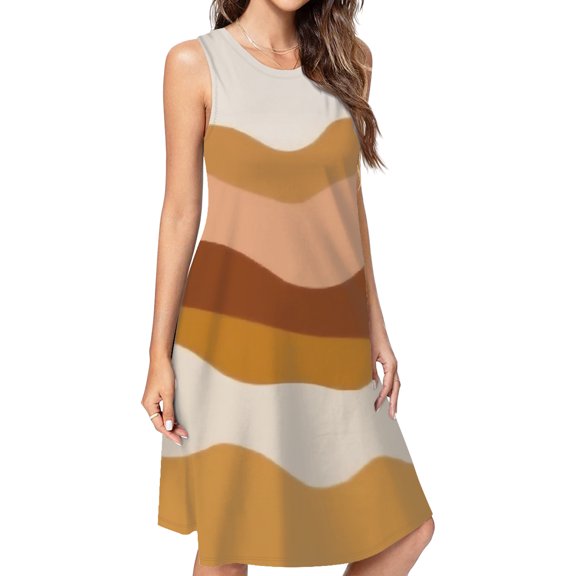 Abstract Earthy Wave Pattern Design Casual Sleeveless Loose Sundress Dress For Women Summer Dress Daily Woman