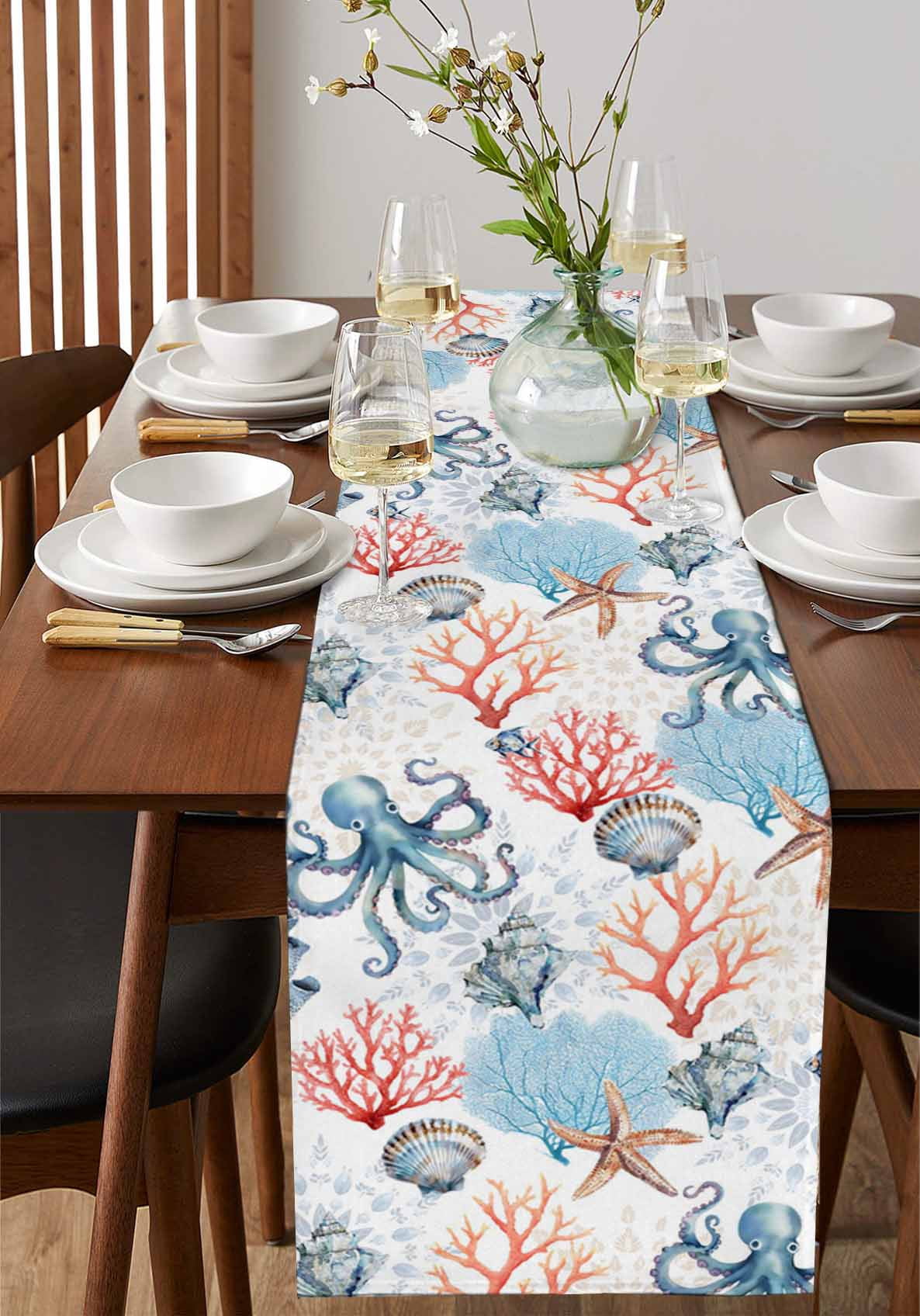 Abstract Eight-Paw Fish Corals Table Runner 13x36in Non-Slip Cotton ...