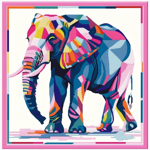 Abstract Elephant in Colorful Geometric DIY 11CT Stamped Cross Stitch Kits for Beginners Easy Needlepoint Embroidery Counted Cross Stitch Art Craft for Wall Decoration 16x16inch(2)