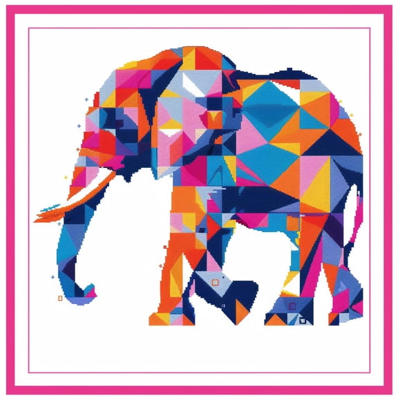 Abstract Elephant in Colorful Geometric DIY 11CT Stamped Cross Stitch Kits for Beginners Easy Needlepoint Embroidery Counted Cross Stitch Art Craft for Wall Decoration 16x16inch(3)