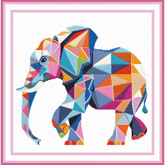 Abstract Elephant in Colorful Geometric DIY 11CT Stamped Cross Stitch Kits for Beginners Easy Needlepoint Embroidery Counted Cross Stitch Art Craft for Wall Decoration 16x16inch(4)