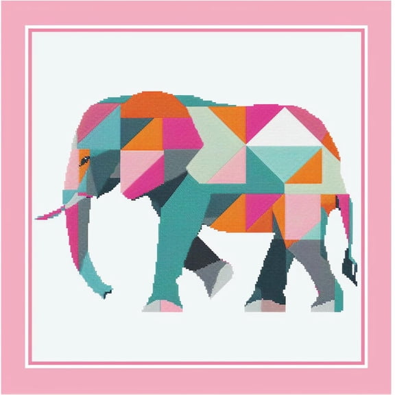 Abstract Elephant in Colorful Geometric DIY 11CT Stamped Cross Stitch Kits for Beginners Easy Needlepoint Embroidery Counted Cross Stitch Art Craft for Wall Decoration 16x16inch(1)