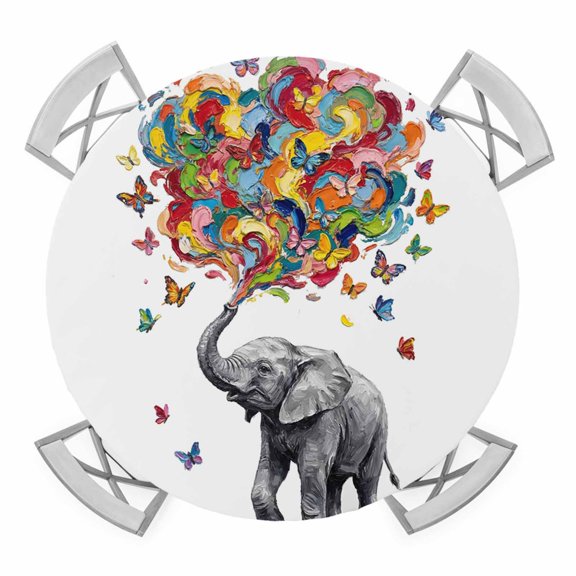 Abstract Elephant Round Table Cover, Colored Cloud Paint Red Blue Yellow Pink Butterfly Waterproof Fitted Tablecloths for 36"-44" Tables, Washable Picnic Table Cover for Camping Dining Indoor Outdoor