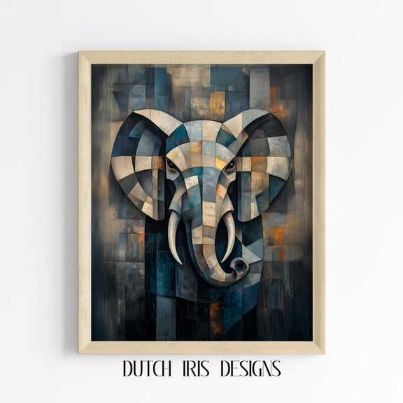 Abstract Elephant Wall Art, Cubist Style, Rustic Modern Decor, Elephant Artwork, Geometric Animal Print, Art 617 Home Decor #1950, Unframed Canvas Size 16x24