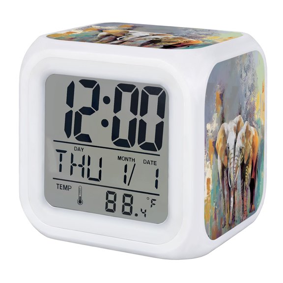Abstract Elephants Digital Alarm Clock for Bedrooms, Smart LED Alarm Clock with 7 Color Changing Night Light, Oil Painting Splash Modern Art Silent Wake Up Clocks for Sleep Study Cooking 3.2"x3.2"
