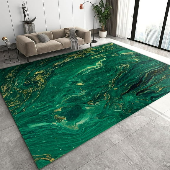Abstract Emerald Green Agate Area Rugs 2'x3', Golden Marble Texture Carpet for Living Room Bedroom, Soft Washable Rug for Dining Table Farmhouse Home Office Floor Rug