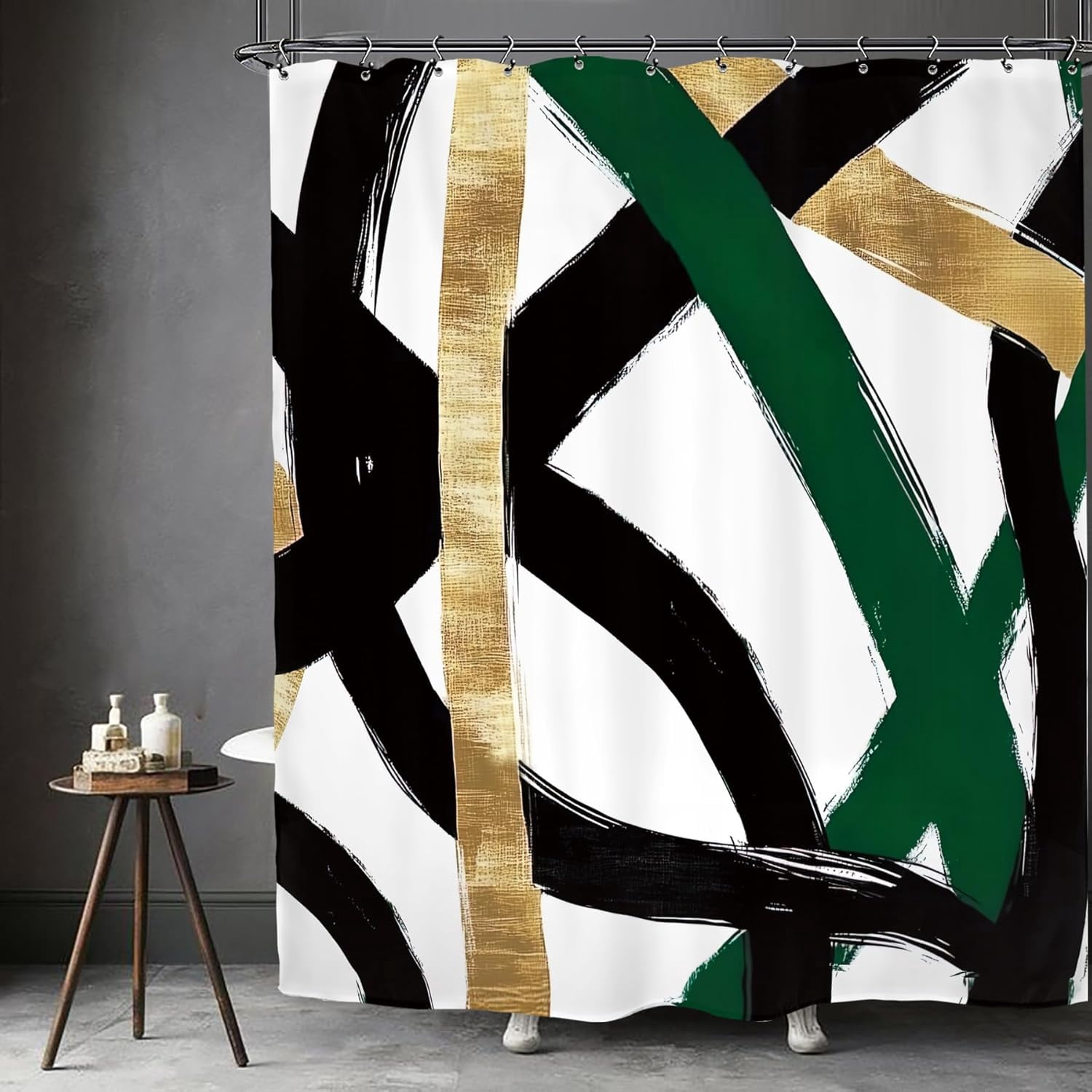 Abstract Emerald Green Black Gold Shower Curtain Modern Minimalist Contemporary Geometric Bathroom Set Accessories Decor with Pack Hooks-36"W x 72"L (Pack of 1)