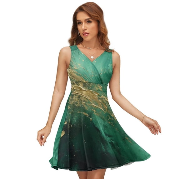Abstract Emerald Green Gold Art Dress Summer Street Style Dresses Female Sleeveless Printed Sundress