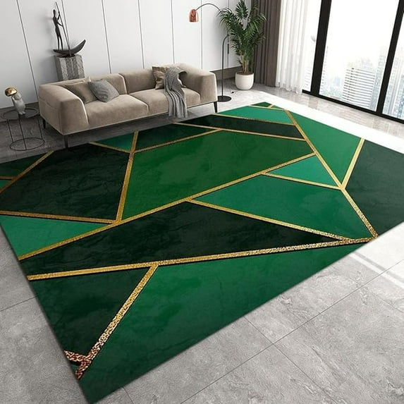 Abstract Emerald Green Light Luxury Irregular Area Rugs, Modern Black Gold Geometric Line Art Home Decor Rug, For Room Sofa Living Room Mat Bedroom Home Decor Floor Mats 4' x 6'