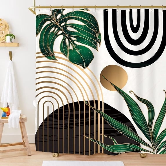 Abstract Emerald Green Shower Curtain Set 71Wx71H Inches Mid Century Modern Minimalist Tropical Leaves Geometric Contemporary Polyester Waterproof Bathroom Curtain with 12 Hooks