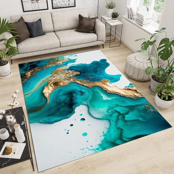 Abstract Emerald Turquoise Marble Area Rugs, Relief Gold Foil Flowing Oil Painting Doodle Abstract 3D Carpet, Indoor Rug Wear-Resistant And Non-Slip For Living Room Study Bedroom 4x5ft