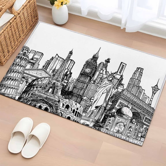 Abstract Entryway Rug 2'x3' Black and White Global Landmarks Modern Collage Art Small Area Rug Non-Slip Front Door Mat Washable Floor Carpet for Indoor Entrance Kitchen Bathroom
