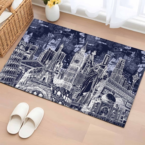 Abstract Entryway Rug 2'x3' Navy Blue and White Global Landmarks Collage Art Small Area Rug Non-Slip Front Door Mat Washable Floor Carpet for Indoor Entrance Kitchen Bathroom