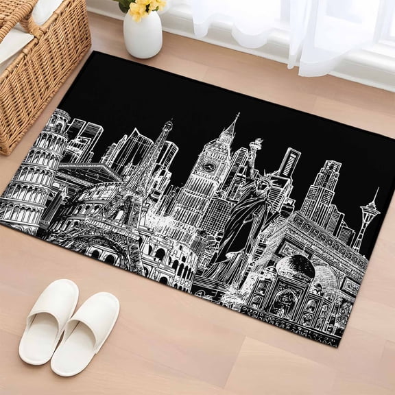 Abstract Entryway Rug 2'x3' White and Black Global Landmarks Modern Collage Art Small Area Rug Non-Slip Front Door Mat Washable Floor Carpet for Indoor Entrance Kitchen Bathroom
