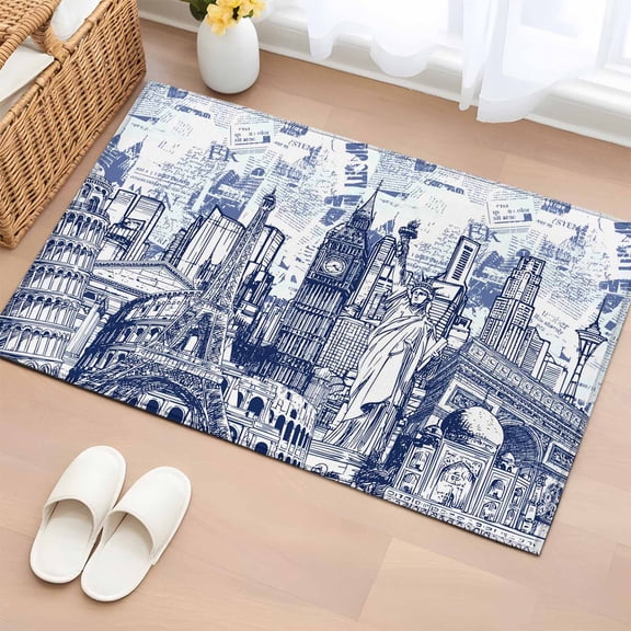 Abstract Entryway Rug 2'x3' White and Navy Blue Global Landmarks Collage Art Small Area Rug Non-Slip Front Door Mat Washable Floor Carpet for Indoor Entrance Kitchen Bathroom
