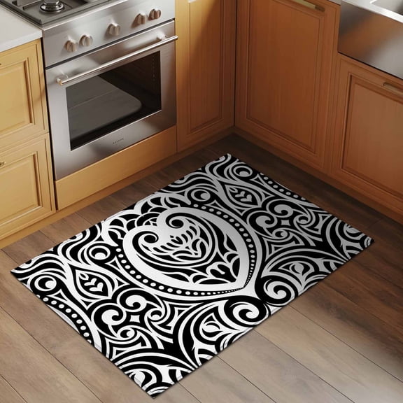 Abstract Ethnic 2x3 Rug for Entryway Front Door Kitchen Sink Area, Bohemian Geometric Trible Black Floral Texture Low Pile Washable Non Slip Rectangle Area Rug