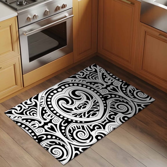 Abstract Ethnic 2x3 Rug for Entryway Front Door Kitchen Sink Area, Boho Geometric Trible Black Floral Texture Low Pile Washable Non Slip Rectangle Area Rug