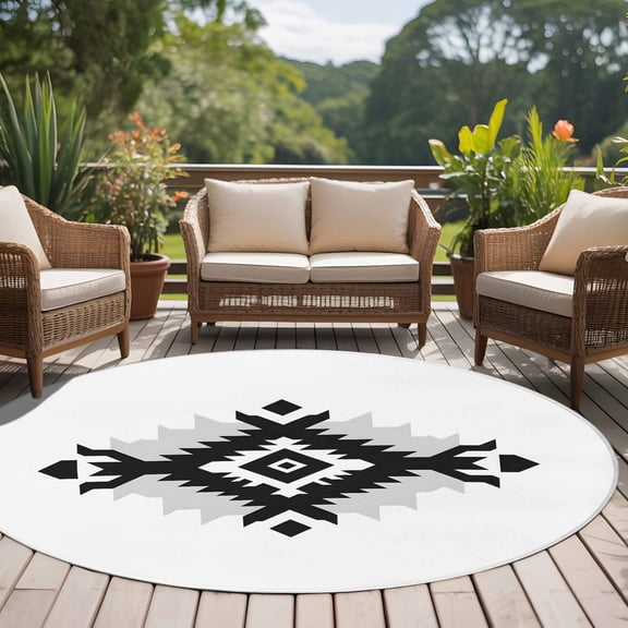 Abstract Ethnic 8ft Round Rug for Open Concept Living Room Seating Zone, Vintage Black Bohemian Pattern Washable Non Slip Large Circle Area Rug