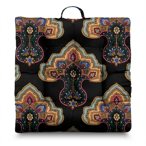 Abstract Ethnic Floor Cushion - Oversized Square Pillow with Artistic Paisley Print, 9-Point Stitched for Durability & Comfort