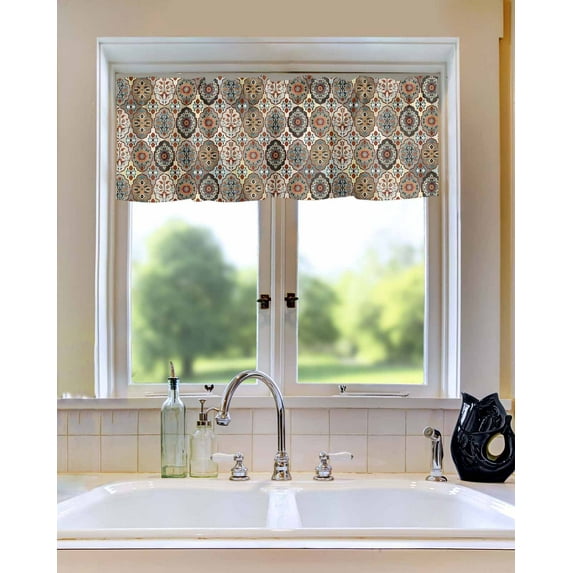 Abstract Ethnic Floral Art Window Valances for Kitchen,Rod Pocket Valance Privacy Small Curtain,Geometric Tribal Brown Pattern Window Treatment Drapes for Bedroom Laundry Room Farmhouse Home Decor