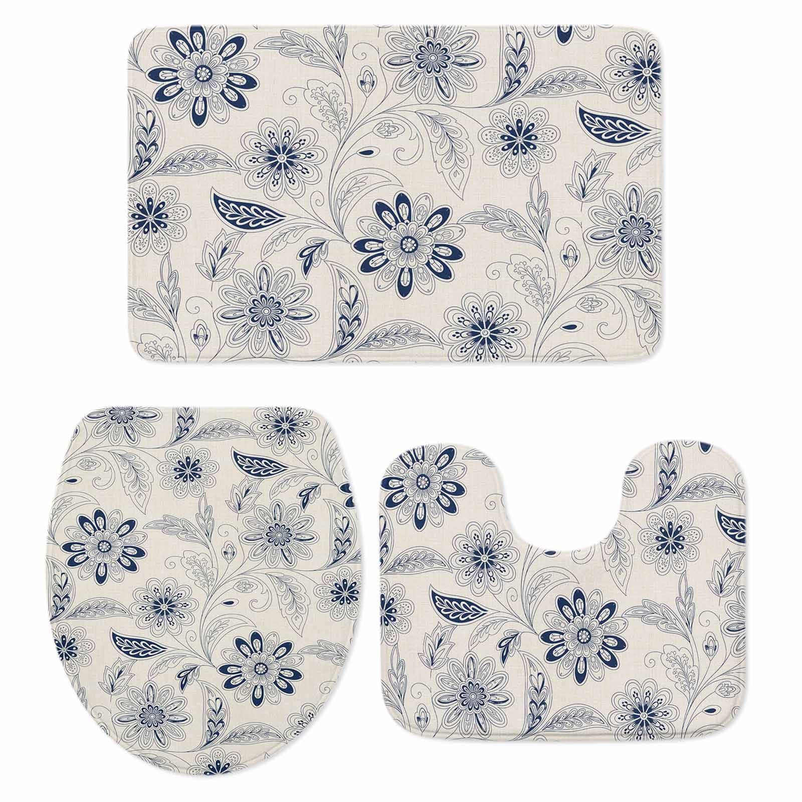 Abstract Ethnic Flower Bathroom Rugs Set Vintage Blue Pattern Non Slip ...